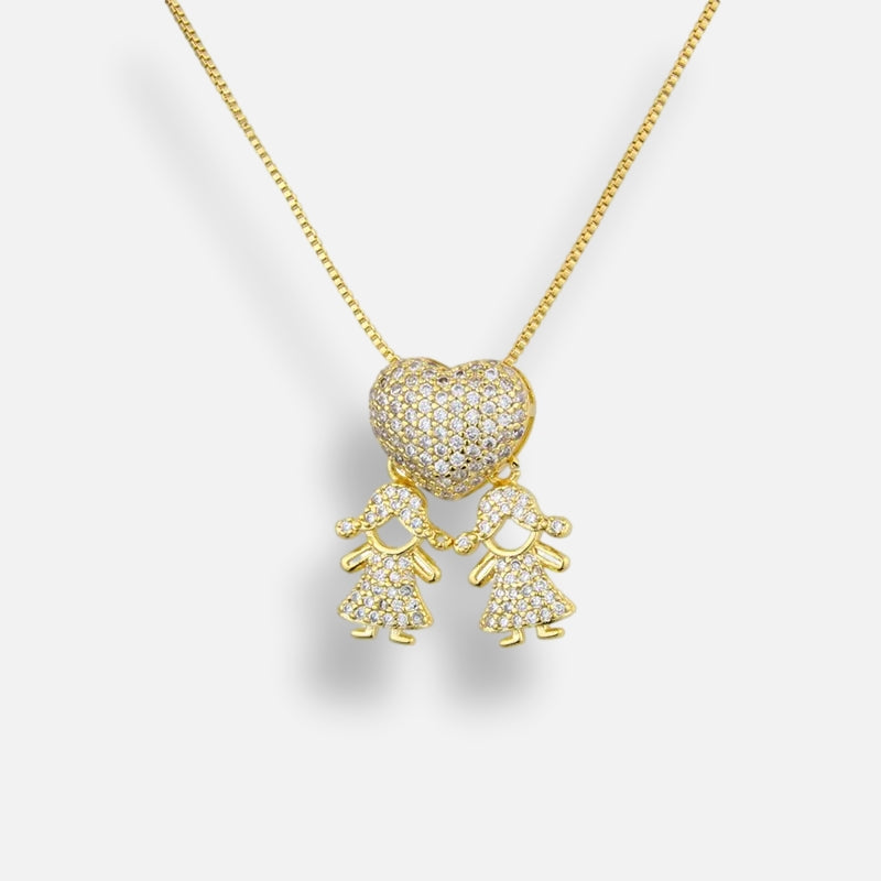 Colar Mãe de 2 Meninas Coração Zircônia